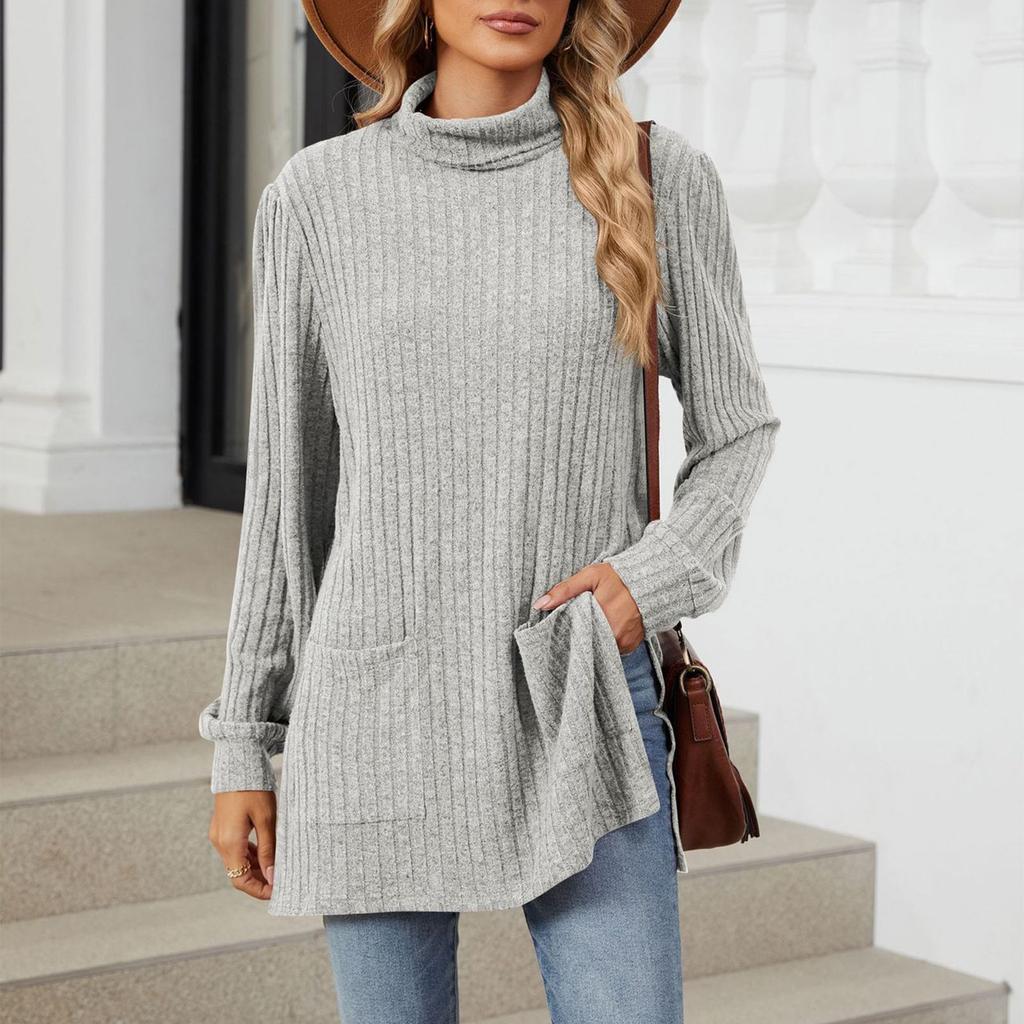 Women's Fashionable Solid Color Half High Neck Long Sleeved Wide Hem Slit T-shirt Top