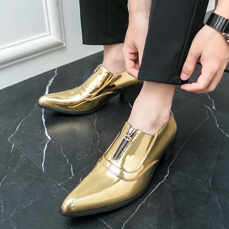 Men High Heels Gold Leather Derby Wedding Dress Dance Elevator Shoes Height Increase Tuxedo Prom Party Nightclub Shoes Plus Size