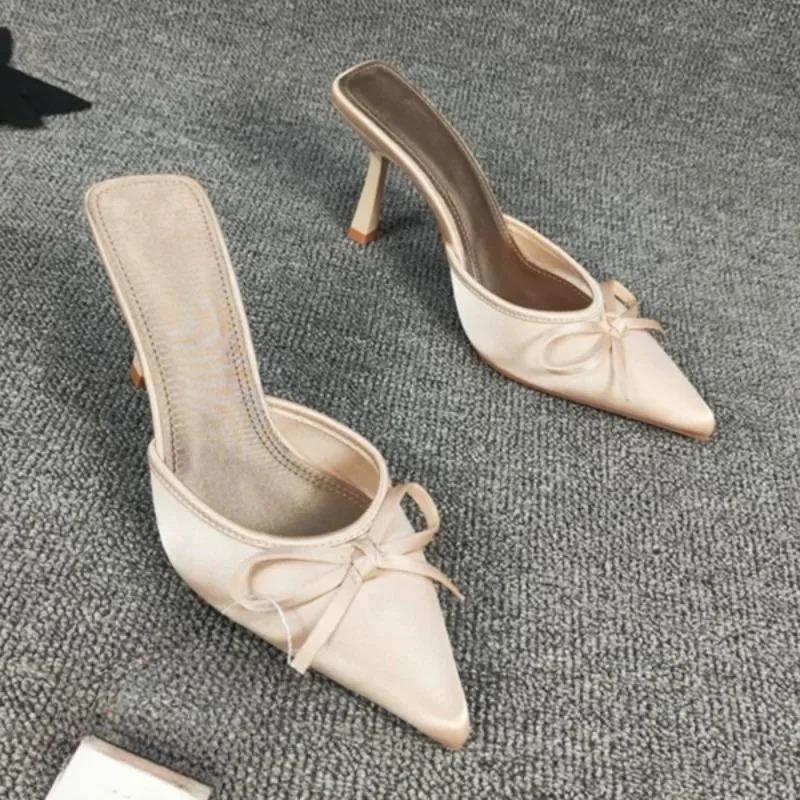 Новые туфли на высоком каблуке с бантом женские туфли-мюли с острым носком сексуальные летние платья вечерние босоножки на шпильках женские шлепанцы трендовые туфли-лодочки