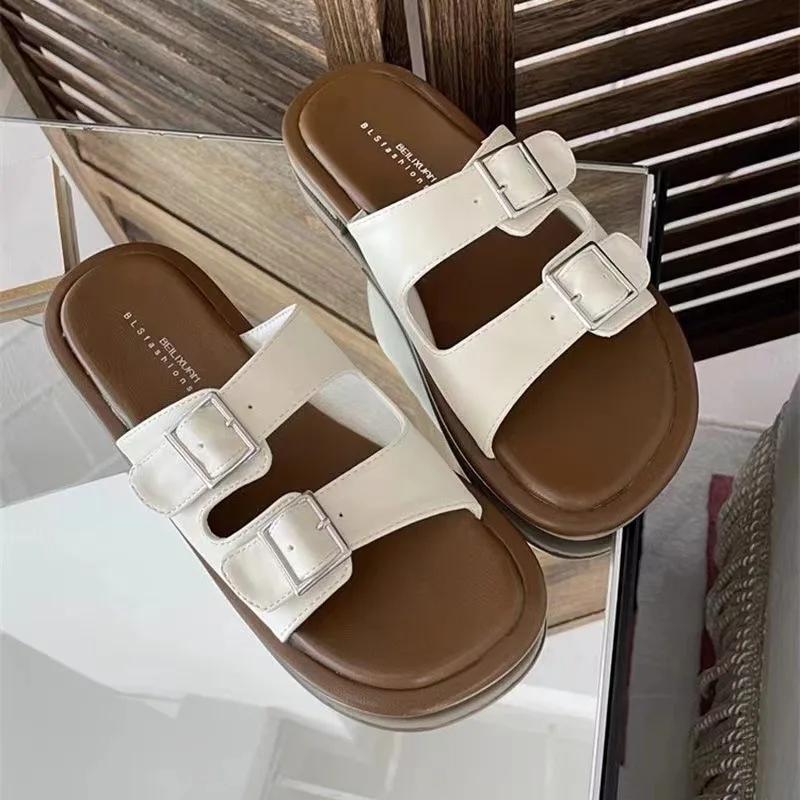 Fashion New Summer Solid Color Buckle Flat Bottom Women's Slippers for Outdoor Wear Home Women Slippers Retro Casual Temperament Sandals