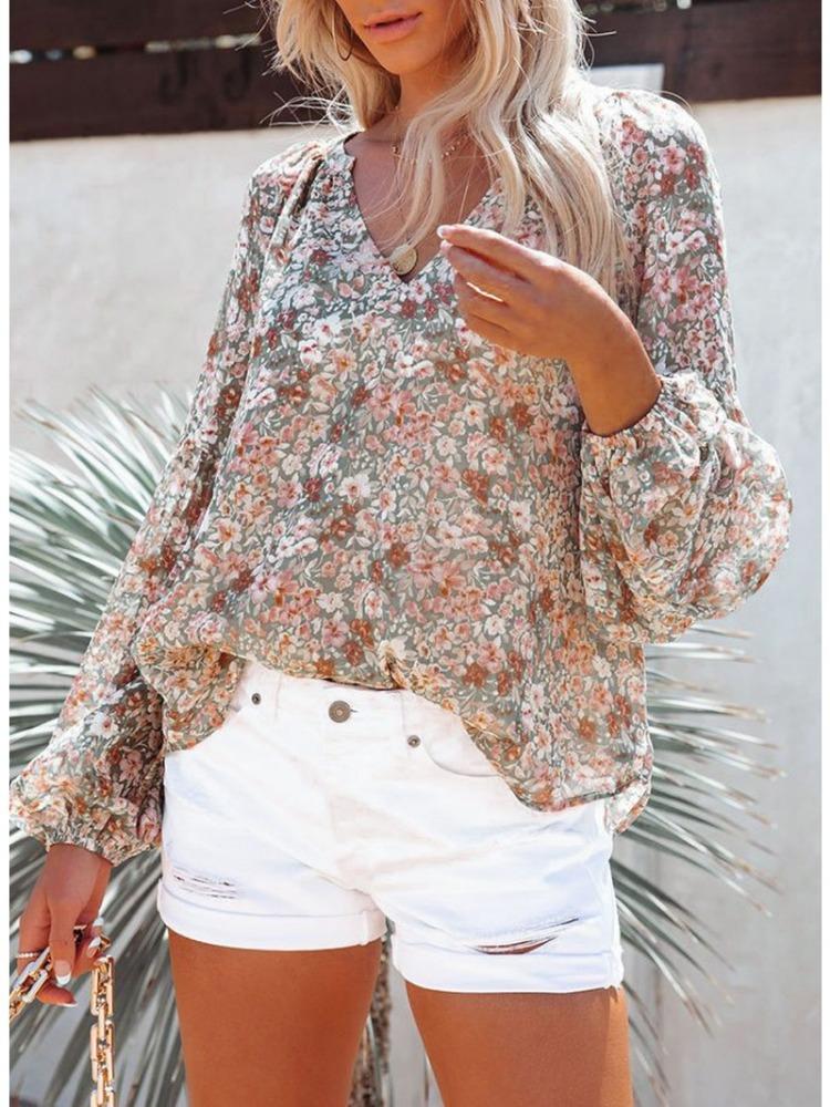 Fashion Women's Casual Tops Spring/Summer V-neck Lantern Sleeve Floral Chiffon Shirt Top with Lining Comfortable and Versatile T-shirt for Ladies