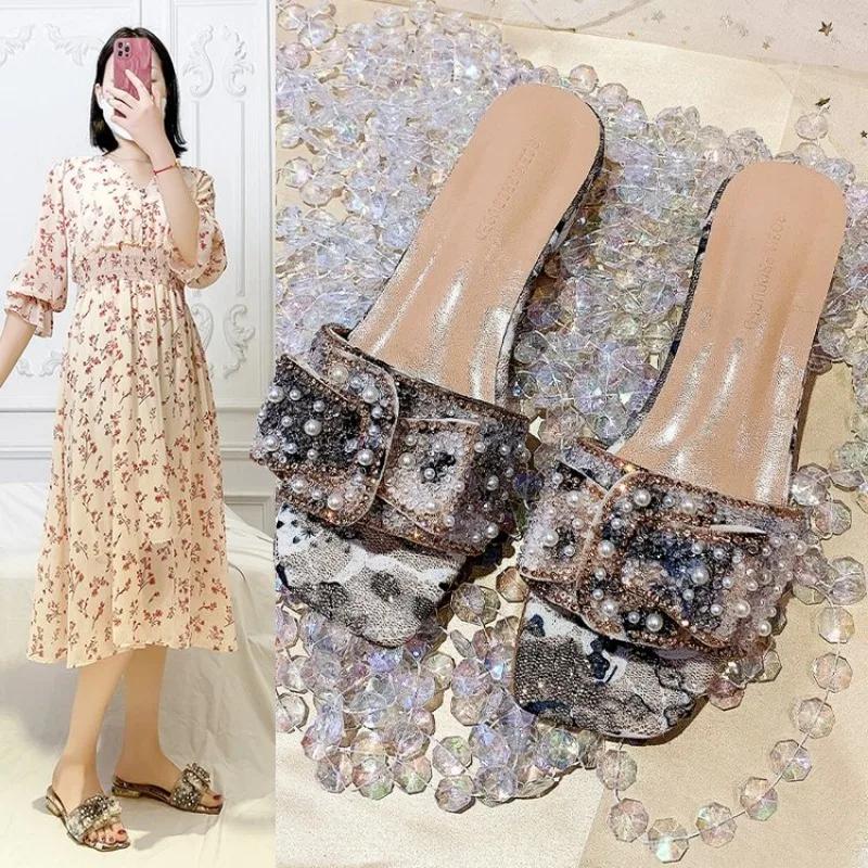 2024 летние модные новые пикантные повседневные удобные однотонные сандалии с кристаллами, тапочки на плоской подошве с квадратным носком, Zapatos Mujer