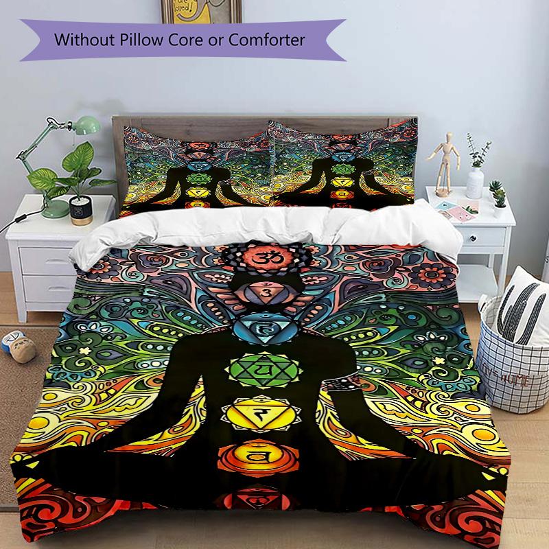 3pcs Chakra Meditation Silhouette Comforter Set with One Quilt Cover and Two Pillowcases (No Core), Perfect for Bedroom or Guest Room Decoration, Feat