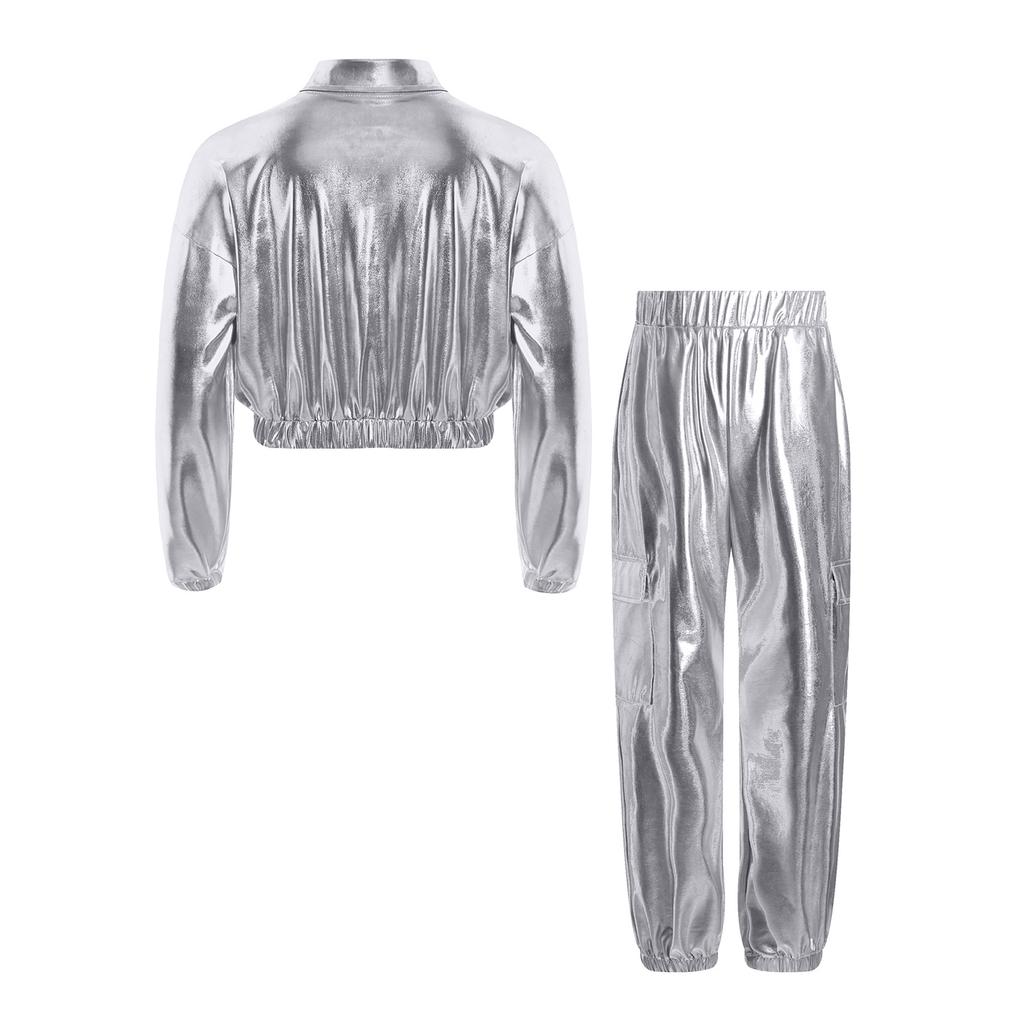 Блестящий танцевальный костюм для девочек и мальчиков, металлическая куртка с отложным воротником и длинными рукавами и блестящие брюки для джазовых соревнований