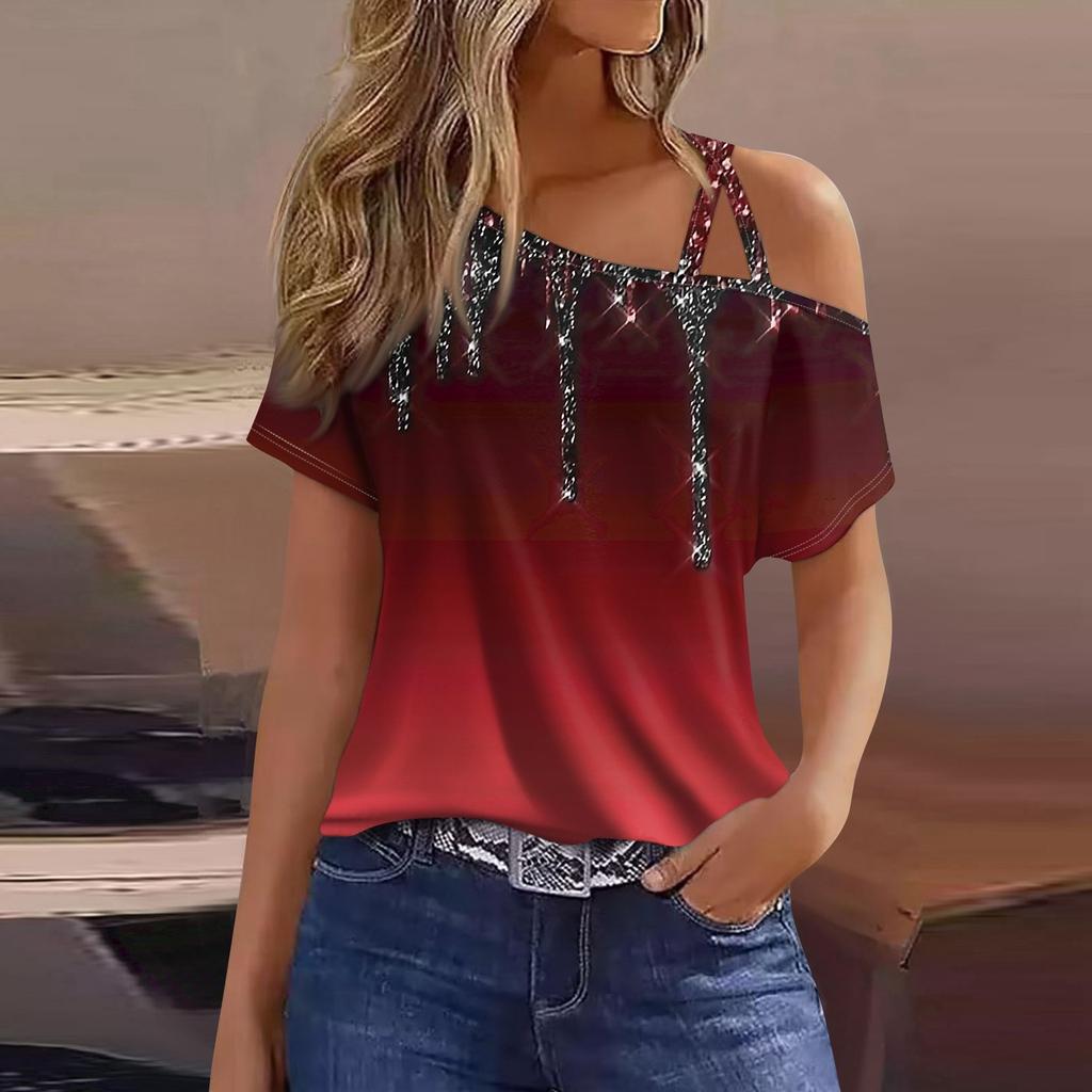 Женская модная повседневная футболка с принтом, сексуальная футболка с короткими рукавами и открытыми плечами, топ