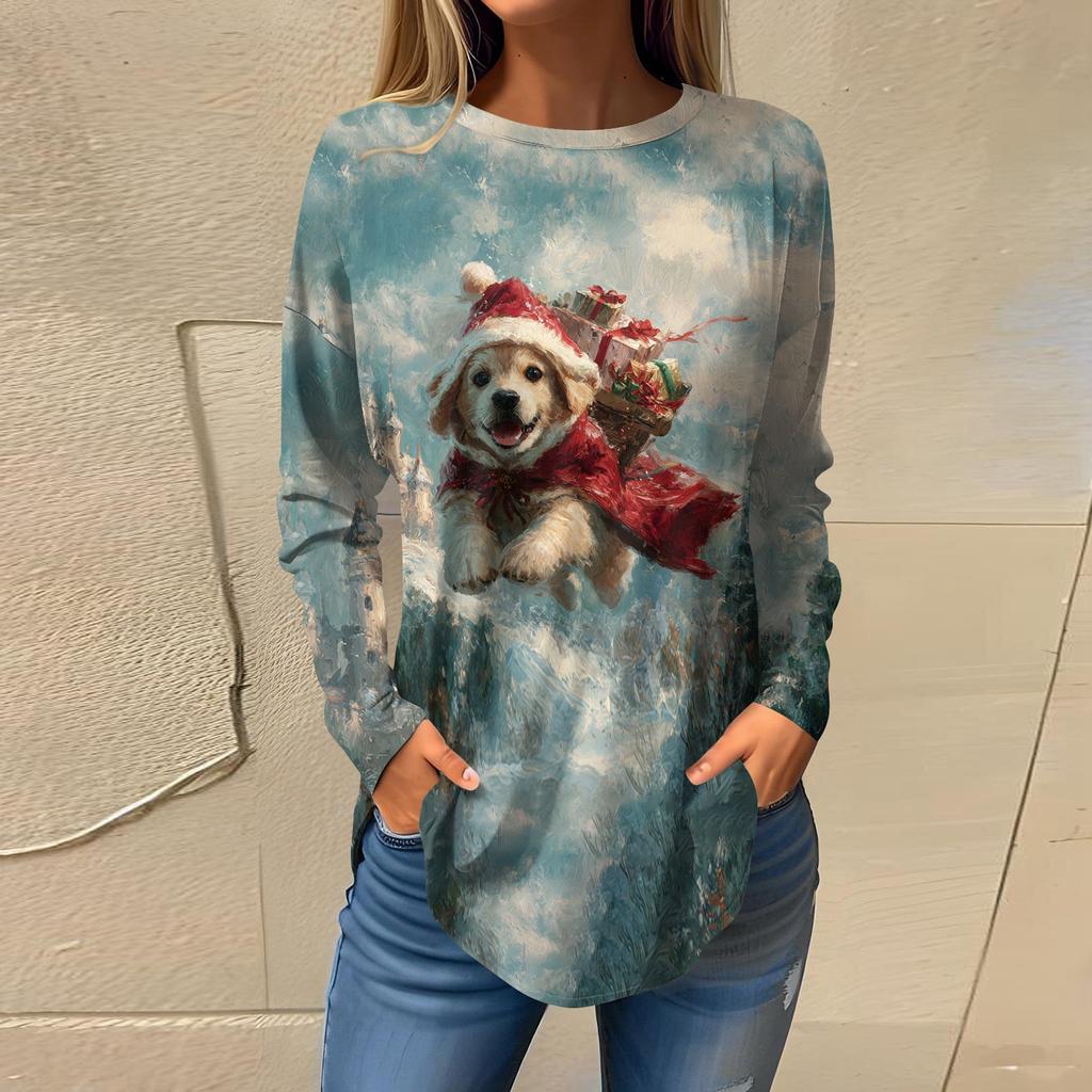 Женские футболки Повседневные футболки с круглым вырезом и длинным рукавом Рождественский принт Топ-пуловер