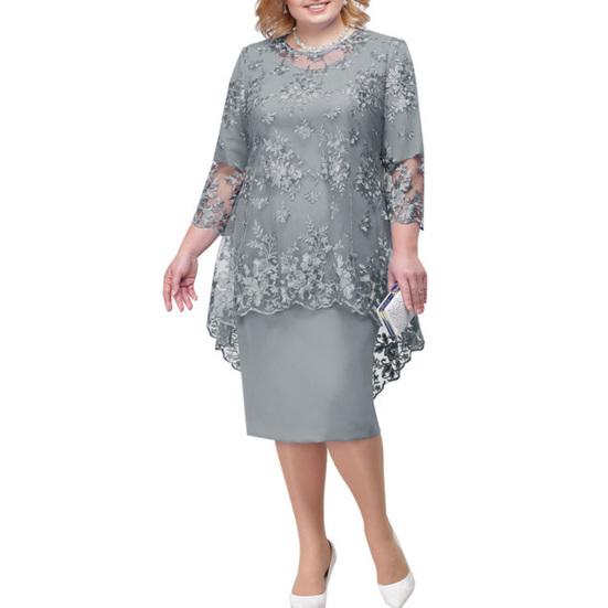 Lady Petticoats Plus Size O-neck High-Waist Plus Size Midi Dress Embroidery Lace 3/4 Sleeve Lady Evening Dress Female Clothing