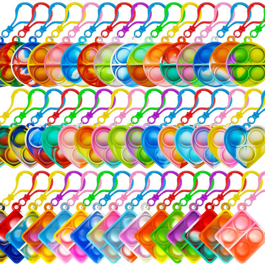 10/50Pcs Heart Square Mini Keychain Fidget Toys Push Bubble Stress Relief Special Needs Squeeze Toys Buckle Keyring Kids Adult