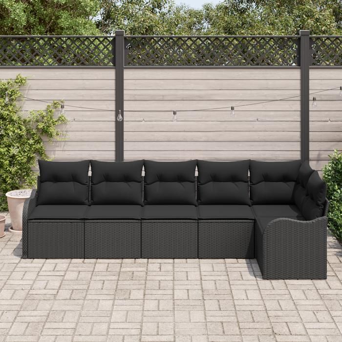 Ensemble de canapé de jardin 6 pièces avec coussins noir poly rattan, Canapé de jardin 2 places avec rangement et coussins 3354392
