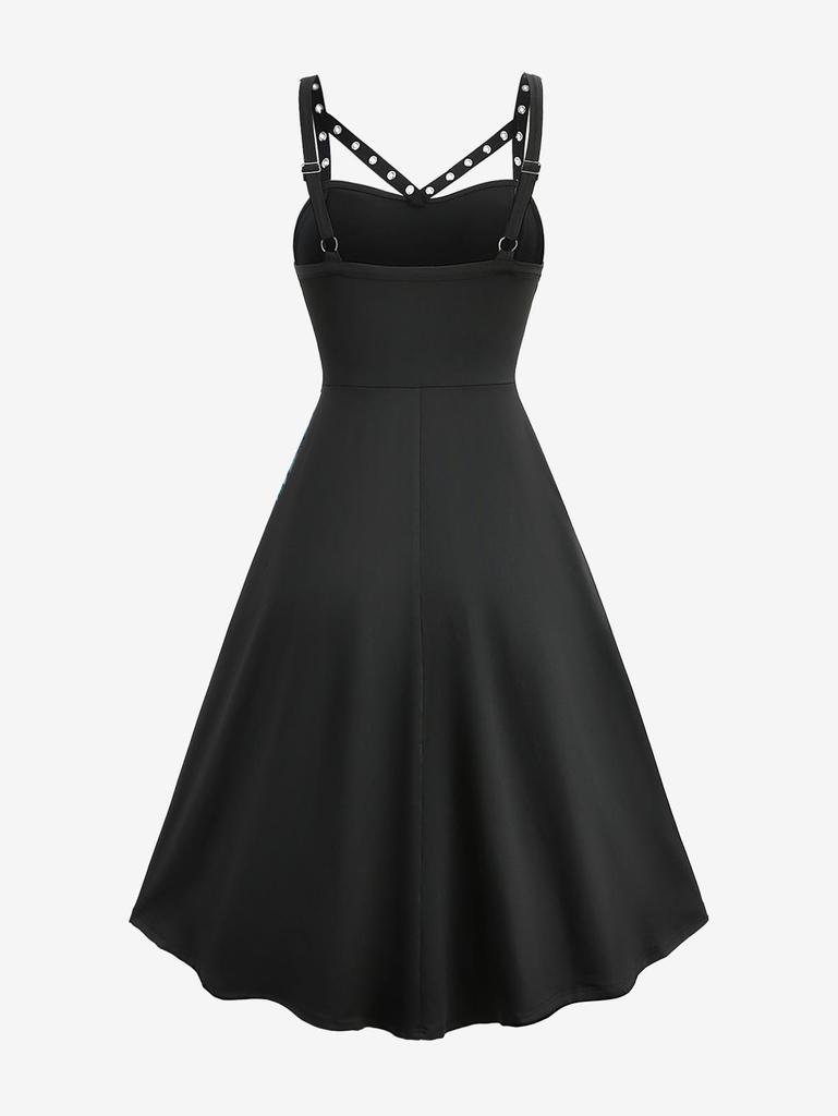 Rosegal Plus Size Floral Leaf Printed Mesh Straps Cut Out Grommet A Line Vintage Ombre Tank Dress