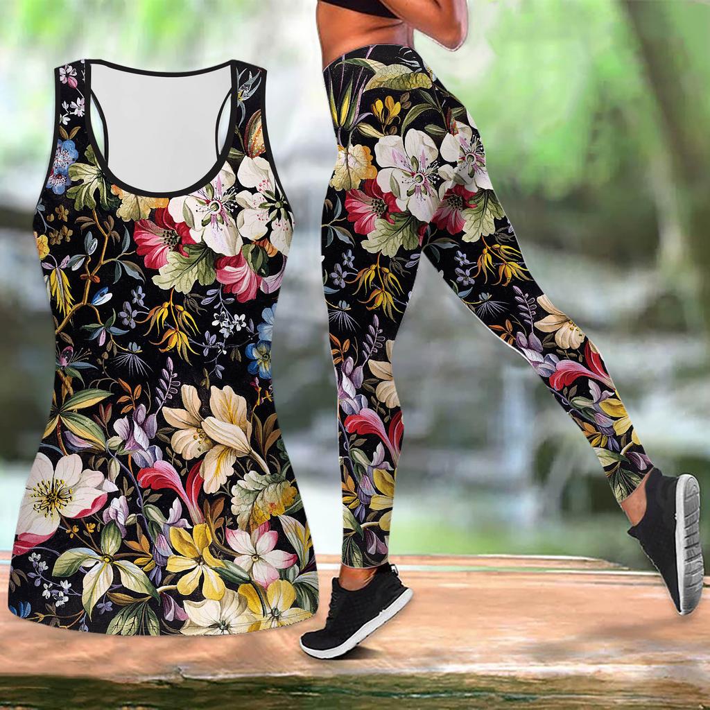 Blue Shadow Flower Print Yoga Outfit for Women Fashion Workout Leggings Fitness Sports Casual Yoga Set Sports Suit
