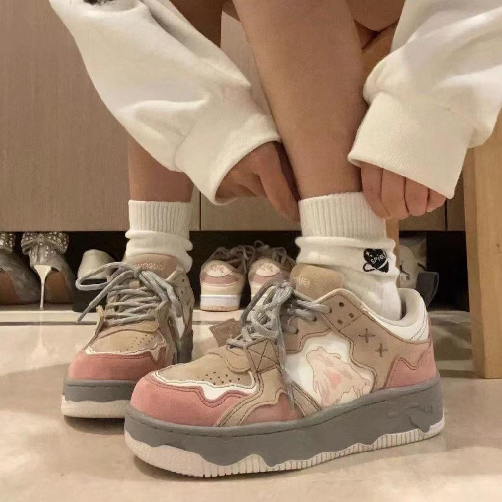 School Season Cherry Blossom Pink Board Shoes 2024 Spring New Niche Versatile Round Head Thick Sole Light Student Sports Running Shoes