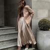 Women Maxi Silky Stain Loose Elastic High Waist Closure A-line Big Swing Pleated Solid Color Dating