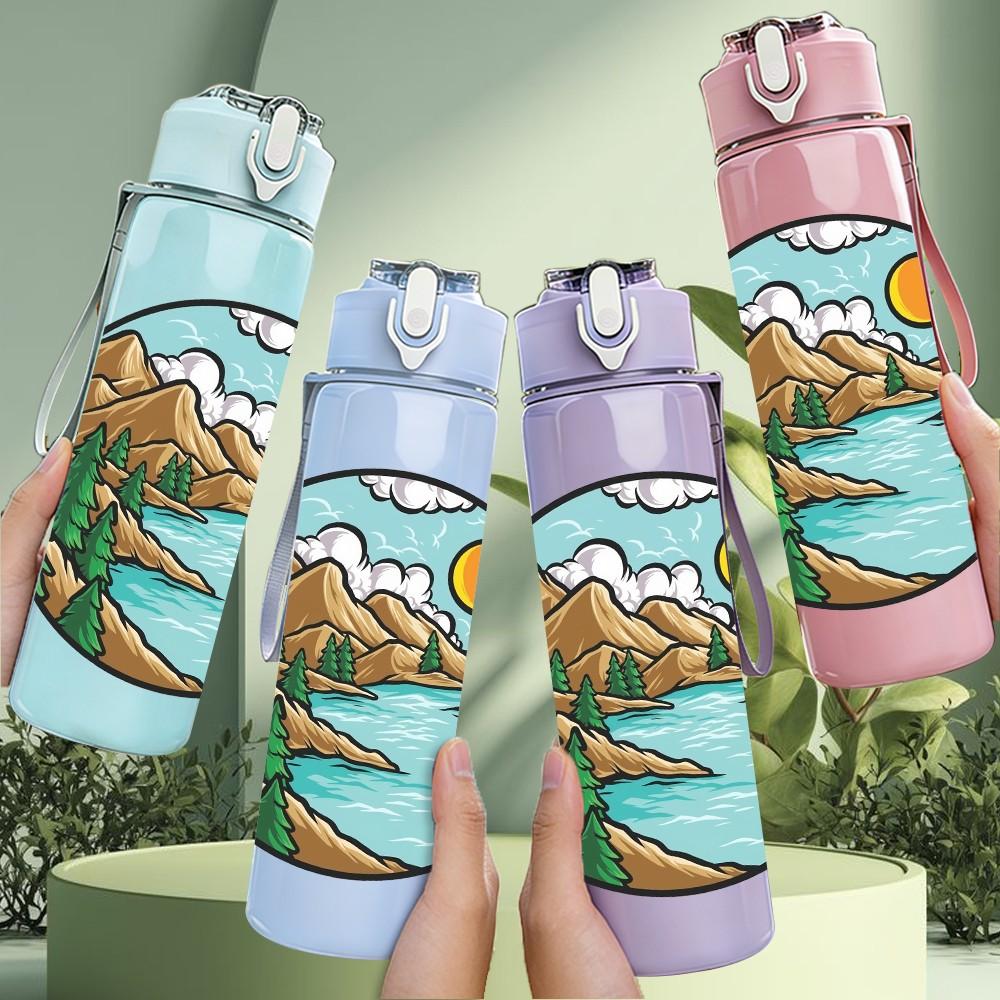 1PC Mountain Lake Nature Landscape Print 750ml Color Plastic Sports Water Bottle Leakproof Flip Straw Lid Suitable for Sports Office Home Use
