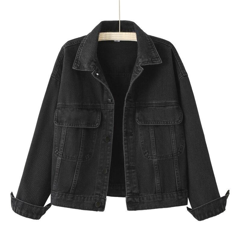 Solid Black Turn Down Collar Tops Women Loose Jeans Jacket With Pocket Korean Fashion Denim Jackets Autumn Casual Clothes 29276