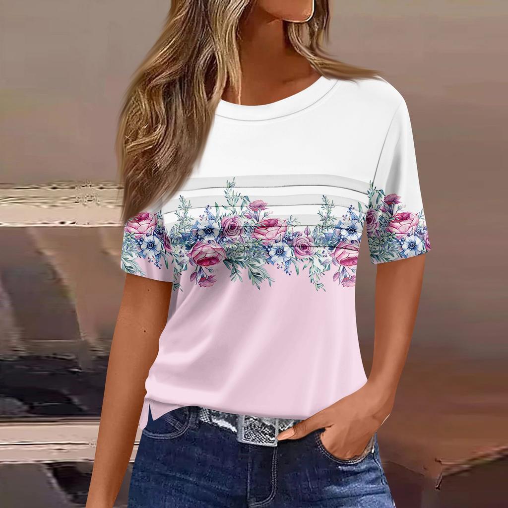 Футболки для женщин, плиссированные, с круглым вырезом, нарядные, повседневные, блузки с принтом, с коротким рукавом, летние топы, свободный крой