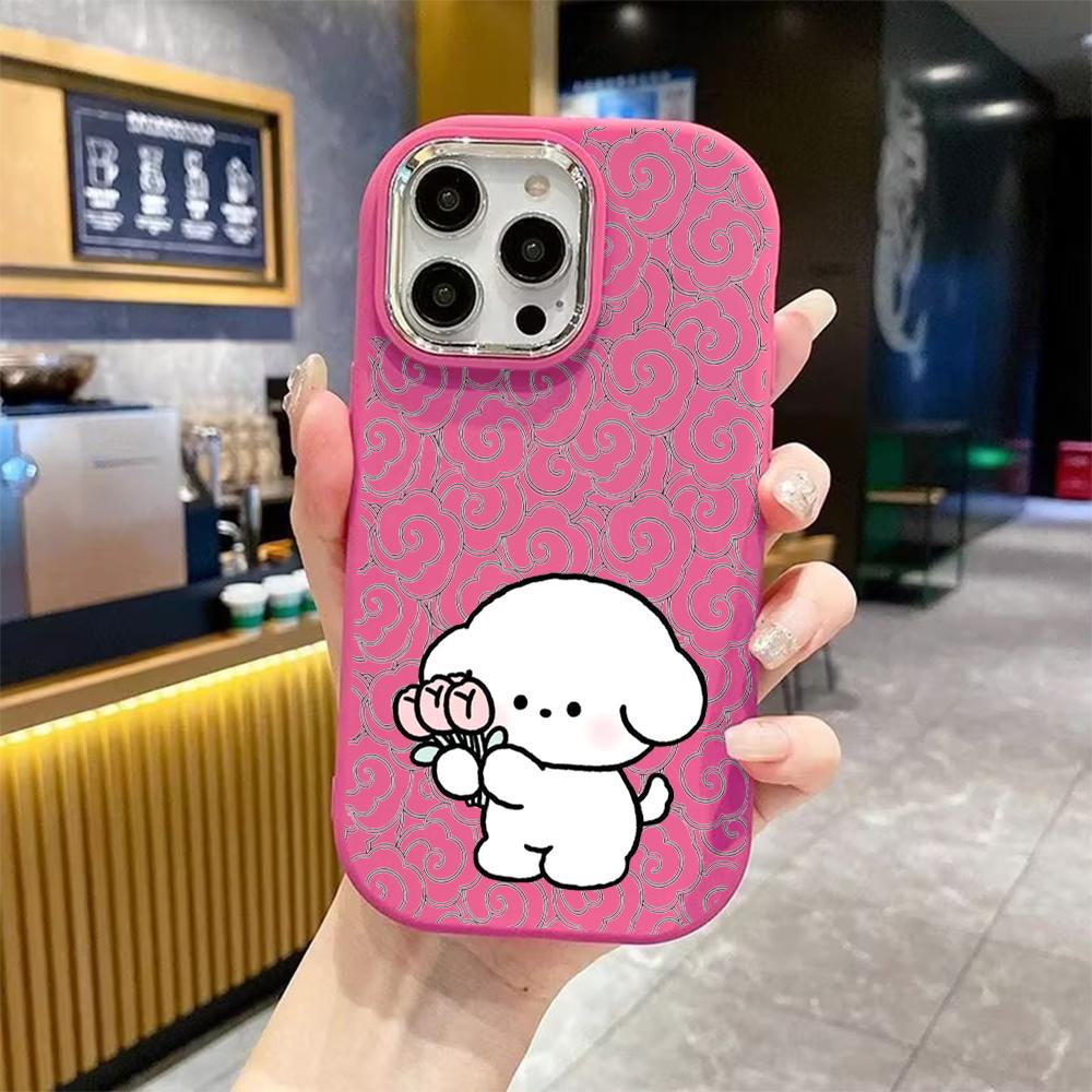 Phone Case: 2D flat design suitable for iPhone 18 17 16 15 14 13 Pro protective case, couple style, bouquet little white dog, Christmas and Halloween 