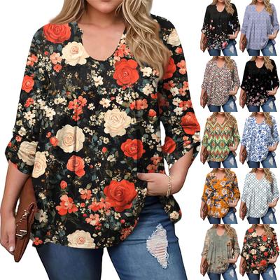 Женский модный топ большого размера с принтом, повседневный плиссированный, с круглым вырезом и длинными рукавами