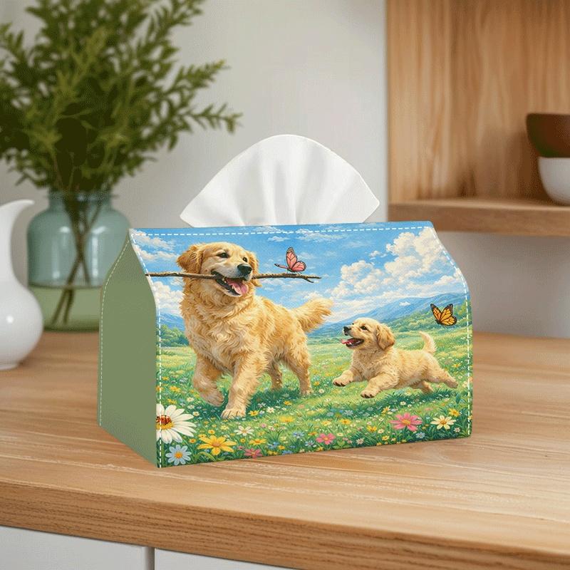 2D Flat, 1pc 2D Flat, Oversized Version, Pastoral Style Golden Retriever, Parent-Child Interaction, Warm Scene, Tissue Box, Polyester Material, 2D Fla