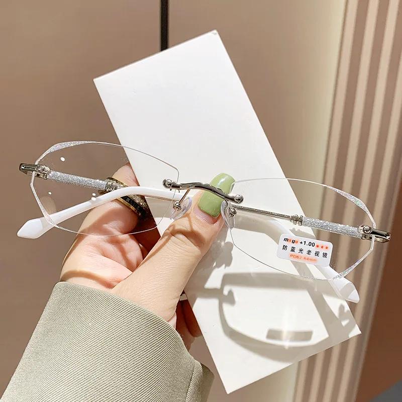 Men Women Luxury Design Reading Glasses Diamond Rimless Presbyopia Eyeglasses Unisex Ultralight Far Sight Plus Diopters 0+4.0