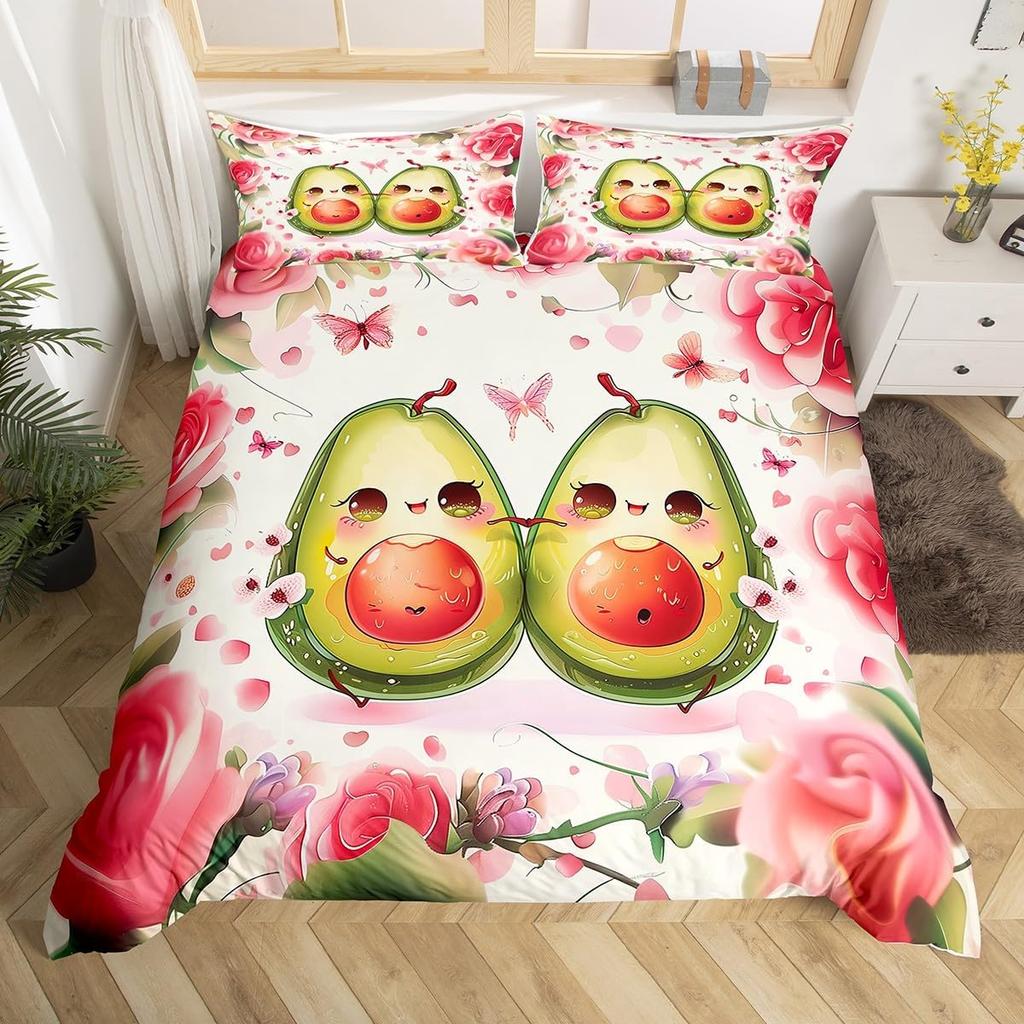 Avocado Duvet Cover Twin Queen Kawaii Green Tropical Fruit Bedding Set for Kids Girl Botanical Comforter Cover with 2 Pillowcase