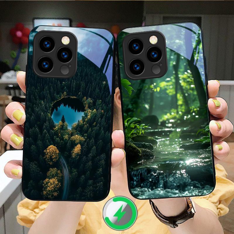 Рисунок «Лесной ручей» Подходит для iPhone 16E 17 Pro Max 15 Pro 14 13 Plus 12 mini 11 16 Air 17Pro Магнитный Стеклянный Чехол для Телефона