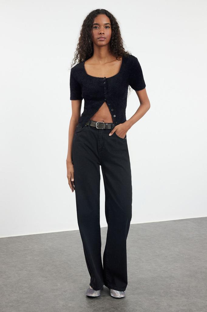 Женский кардиган в элегантном стиле, черный укороченный пушистый трикотажный кардиган