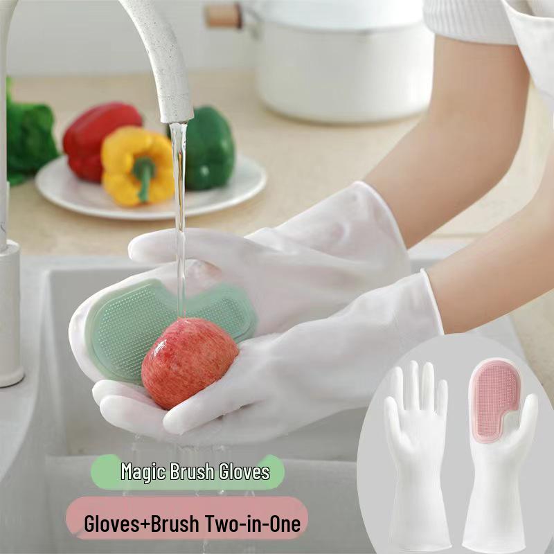 Magic Silicone Dishwashing Gloves with Soft Bristle Brush - Durable, Waterproof Kitchen Cleaning Gloves.