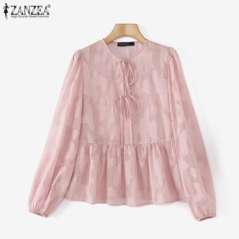 ZANZEA Женская повседневная кружевная круглая горловина с длинным рукавом полупрозрачная блузка