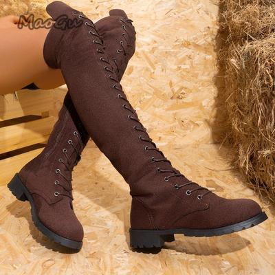 Женские осенне-зимние ботфорты на толстом высоком каблуке с боковой молнией, длинные ботинки в винтажном стиле из замши, со шнуровкой спереди, элегантные боты