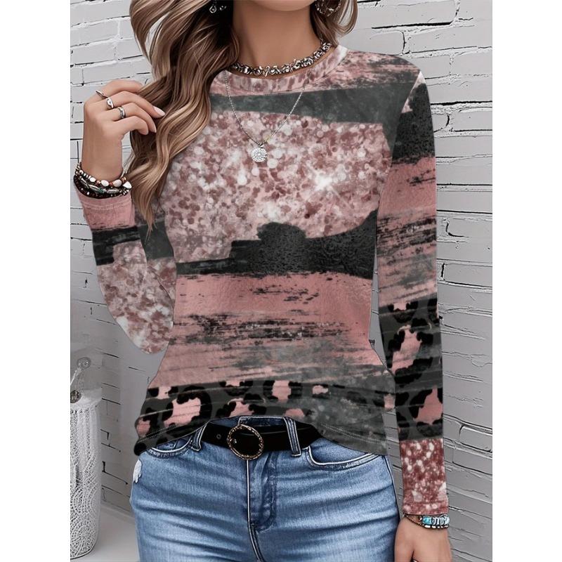 Women's T-shirt 3D Retro Marble Print Fashion Long Sleeve Round Neck Regular Top Holiday Weekend Spring Autumn