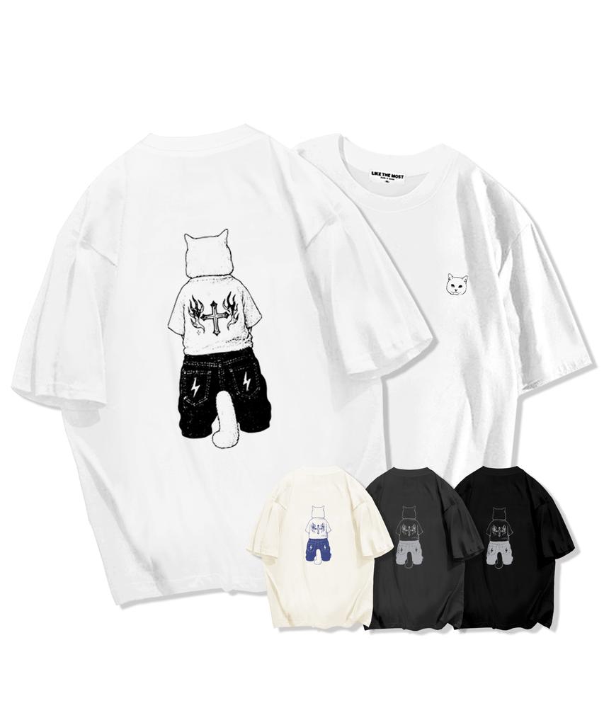 LIKE THE MOST Duocat 2 Oversized Short Sleeve T-Shirt 4 Colors