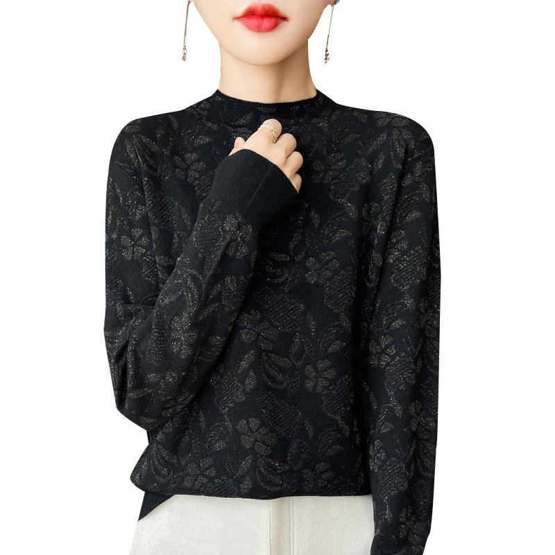 Осенняя женская трикотажная рубашка с жаккардовым низом и полувысоким воротом