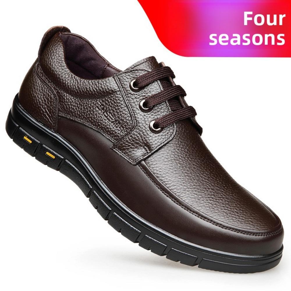 Winter Warm Fur Lined Leather Shoes for Men Soft Sole Comfortable Casual Lace Up Shoes for Middle Aged Dad