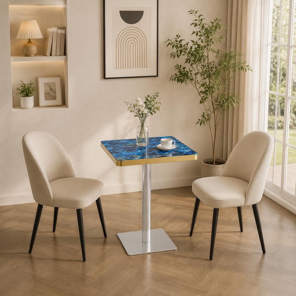 Square Dining Table UV Panel Marble Look Metal Frame Modern