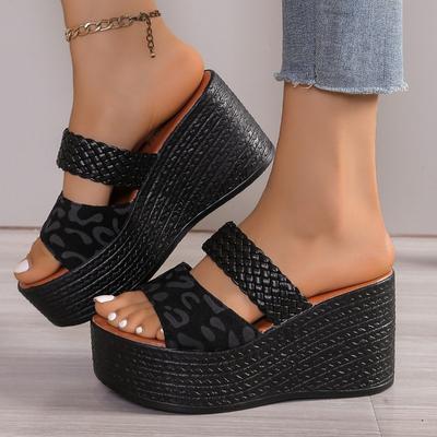 Шлепанцы на платформе с открытым носком с леопардовым принтом для женщин, шлепанцы на толстой подошве больших размеров