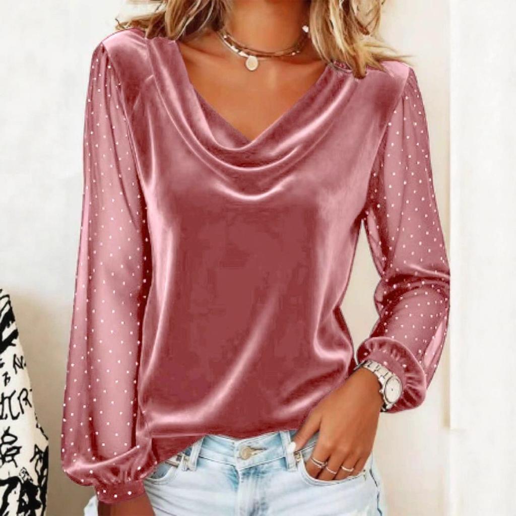 New Women's Solid Color V-neck Mesh Rhinestone Long Sleeve T-shirt, Casual Top for Women European American Fashion