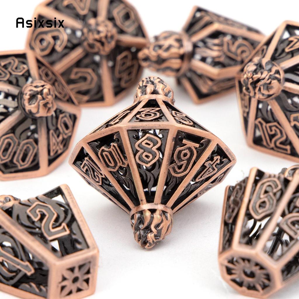 7 Pcs Copper Flame Metal Dice Hollow Metal Polyhedral Dice Set Suitable for Role-Playing RPG Board Game Card Game
