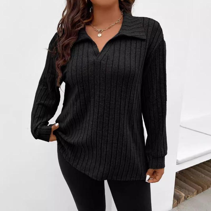 Осень Зима Однотонный Большой Размер Женская Футболка с V-образным вырезом Длинный Рукав Полосатая с начесом Свободный Крой одежда распродажа