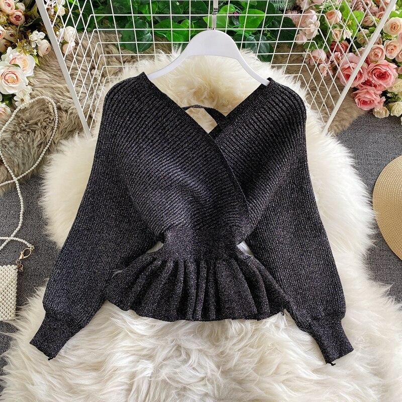 RUGOD Весенний новый яркий шелковый вязаный топ с v-образным вырезом и длинными рукавами, модный темпераментный короткий универсальный топ с тонкой спинкой и длинным рукавом