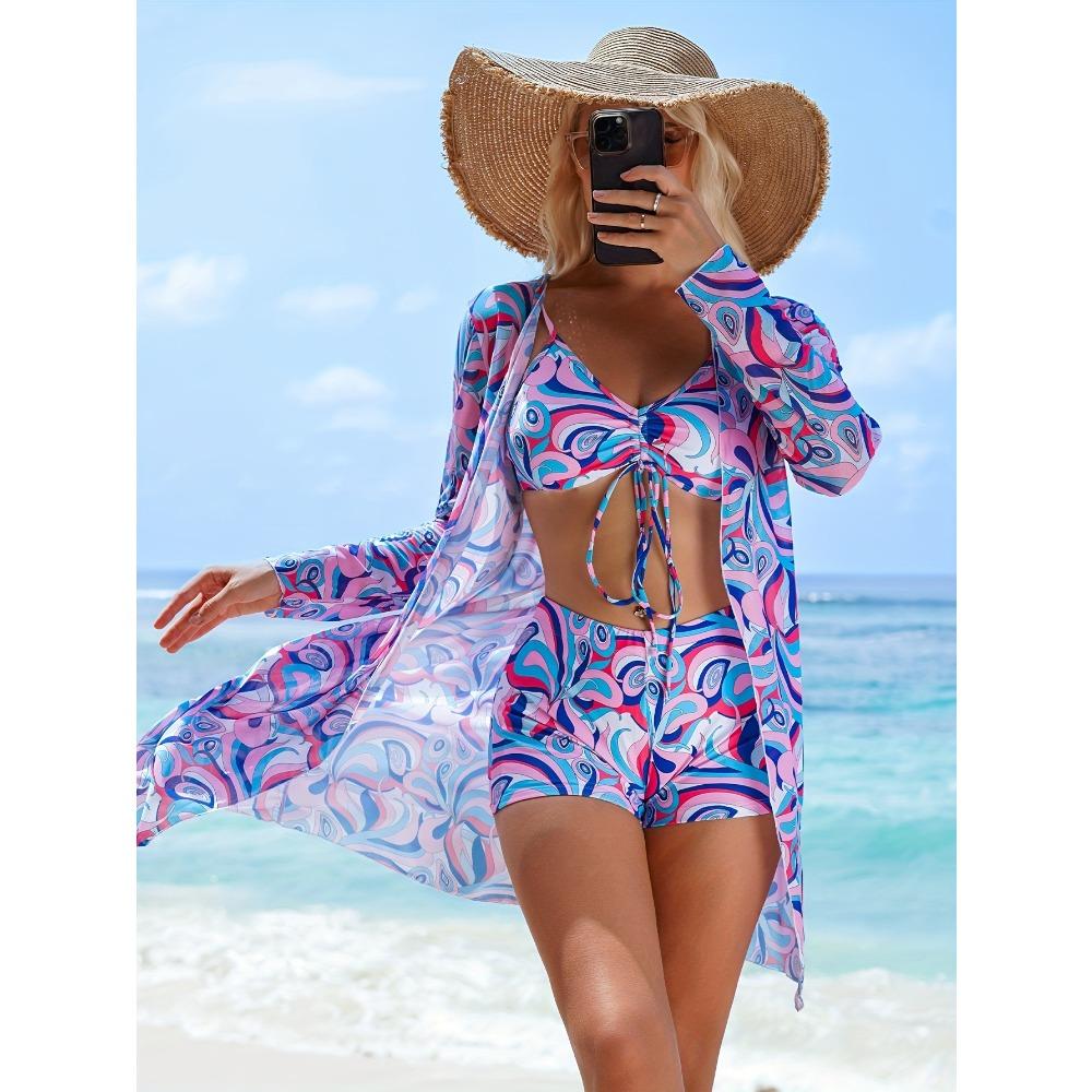 Женский трехсекционный комплект бикини с шортами-бойфрендами, модный купальник с бантом и пляжным парео