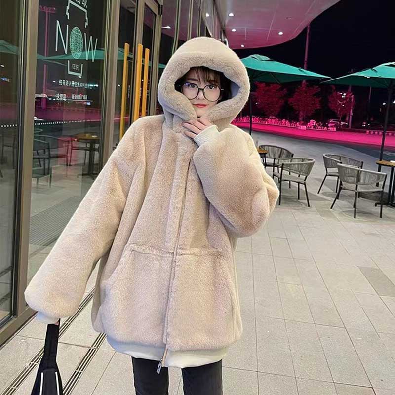 Korean Imitation Rex Rabbit Fur Coats Female Winter Warm Long Thickened Hooded Lamb Wool Cashmere Coat