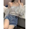 Pure Desire Slash Neck Women Blouse Fold Agaric Edge Slim Elastic Waist High Waist Navel Exposed White Cropped Top Hotsweet