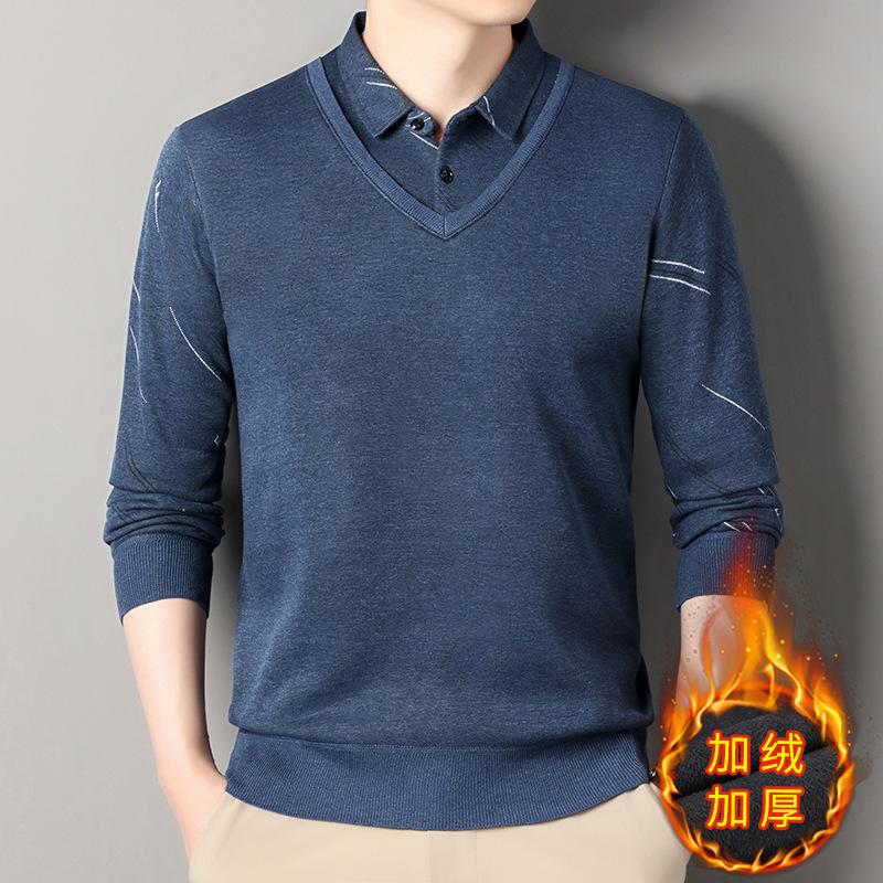 Новый осенне-зимний мужской свитер, утолщенный свитер-обманка из двух частей, теплая рубашка с воротником, повседневный универсальный базовый свитер