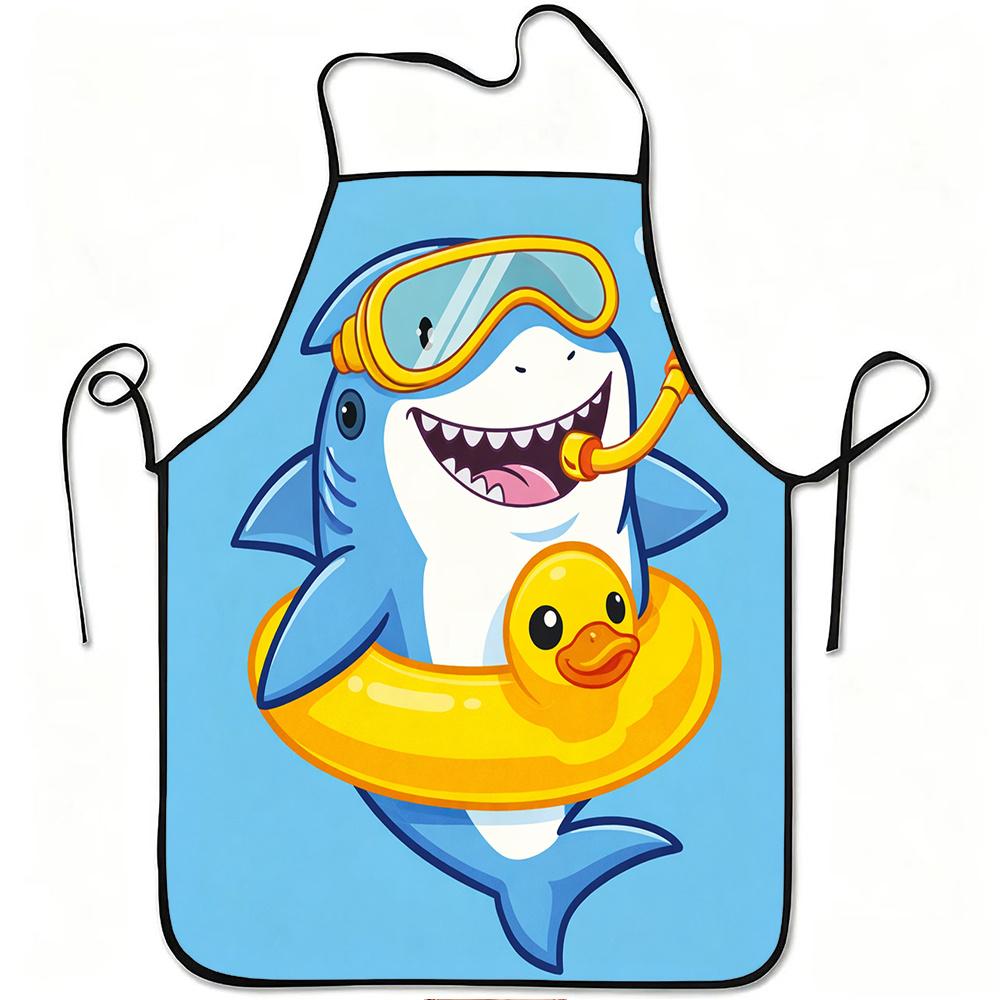 1pc Cute Shark with Rubber Duck Print Apron, Durable and Easy to Clean, Adjustable Waistband, Polyester Material, for Kitchen Cooking, Gardening, Orch