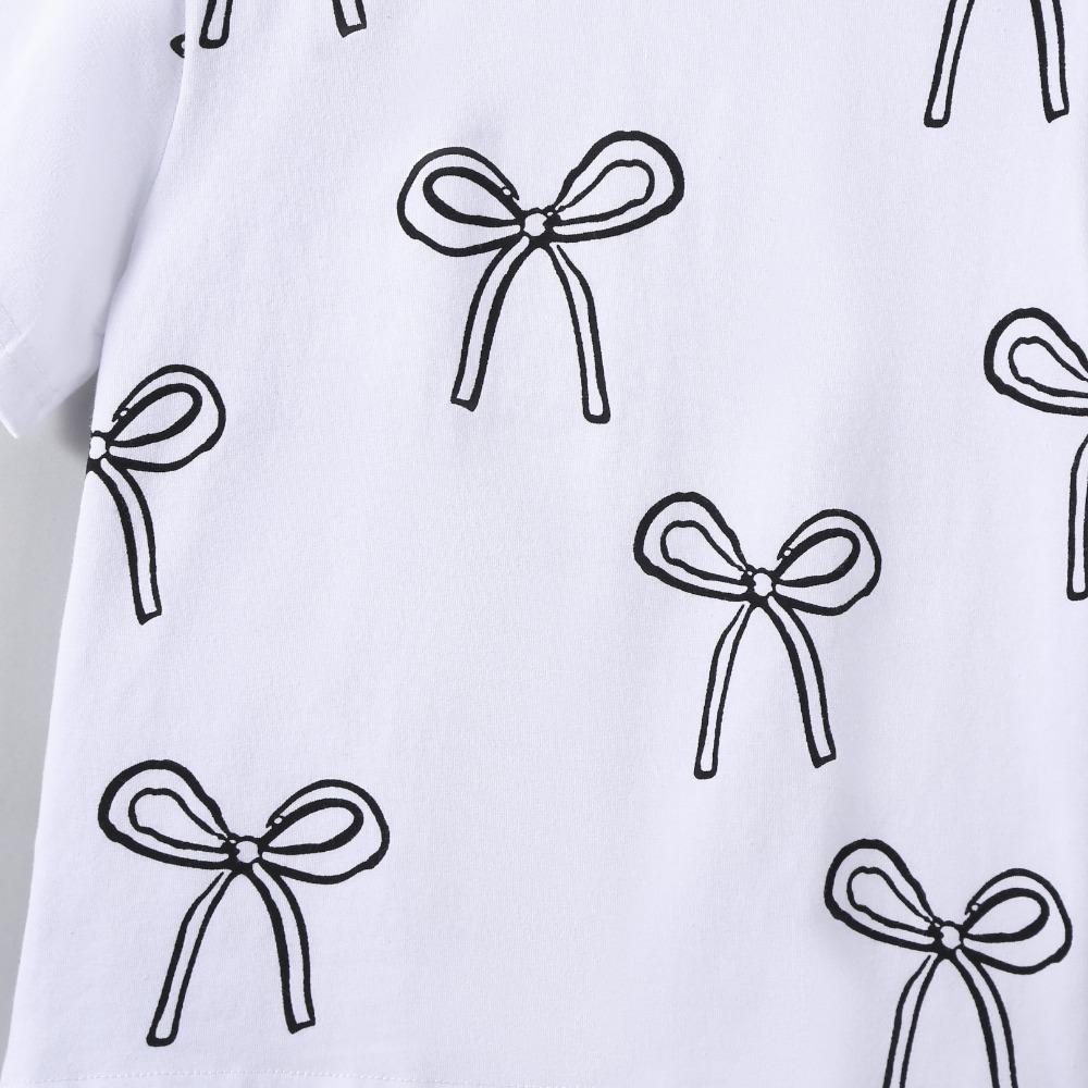 Футболка для девочек 2-7 лет, топы из хлопковой смеси, повседневные, с милым принтом банта, летние детские футболки с круглым вырезом и короткими рукавами
