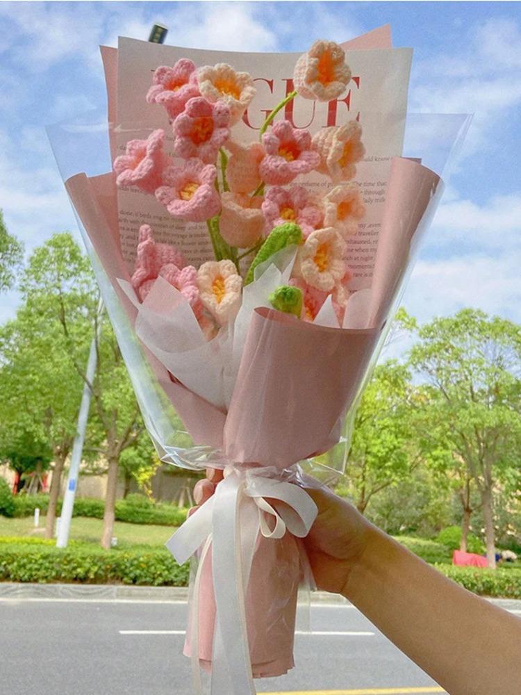 3PCS Artificial Crochet Flowers Handmade Knitting 5Heads Lily of The Valley Woven Flowers with Stems for Valentine's Gifts Home Wedding Party Office