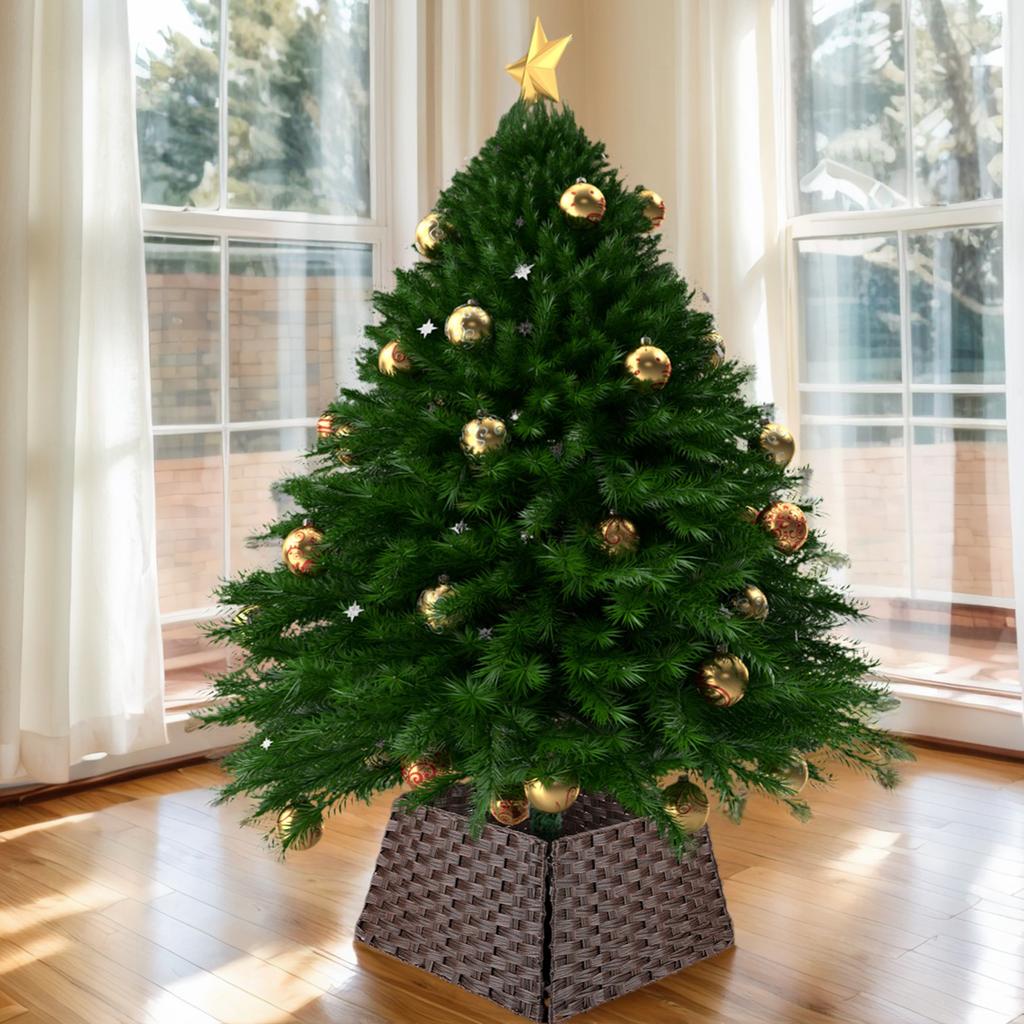 Christmas Tree Collar Foldable Xmas Tree Faux Rattan Cover Woven Rattan Tree Base Cover for Christmas Tree Ring Skirt Basket