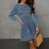 Women's Denim Dress Long Sleeve Bodycon Mini Jean Dress Casual Ruffle Hem Dress