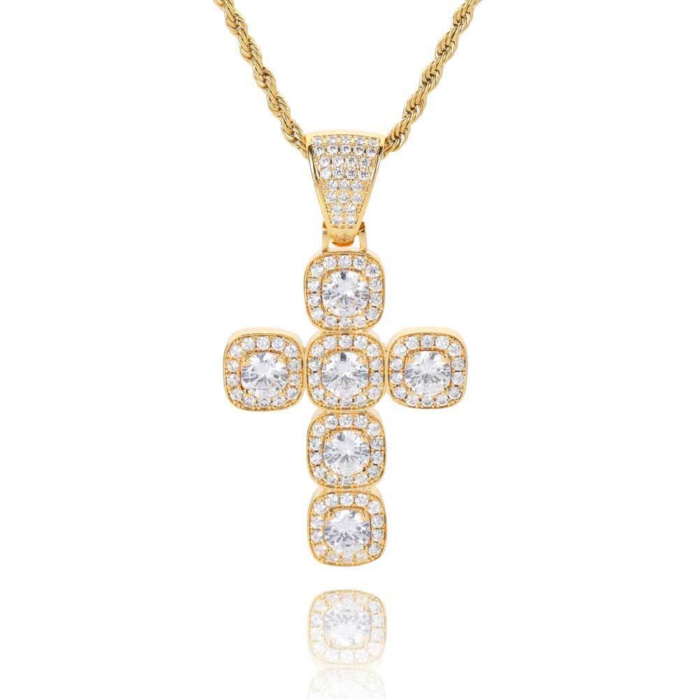 Iced Out Cushion Cross Pendant Necklace Moissanite Gold Plated Copper Hip Hop Jewelry For Men Women